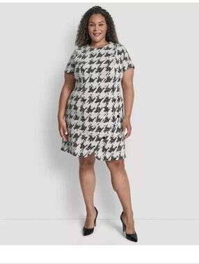 NWT DKNY 14W Black White Houndstooth Tweed Shift Dress Plus Size Career $149